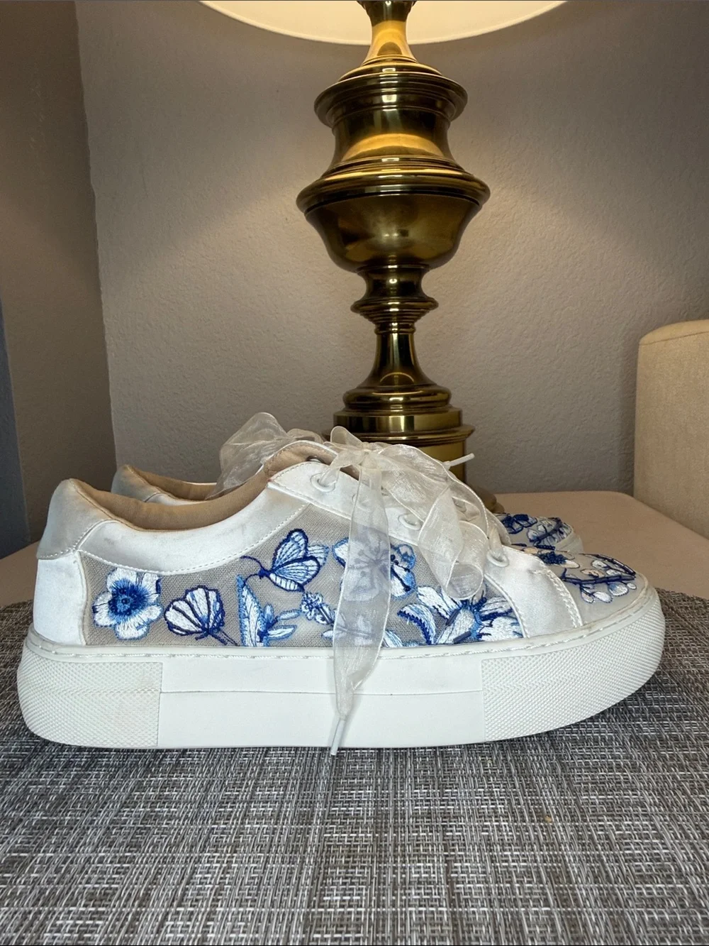Betsey Johnson White Sneakers with Blue Floral Embroidery